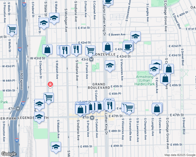map of restaurants, bars, coffee shops, grocery stores, and more near 4427 South Calumet Avenue in Chicago