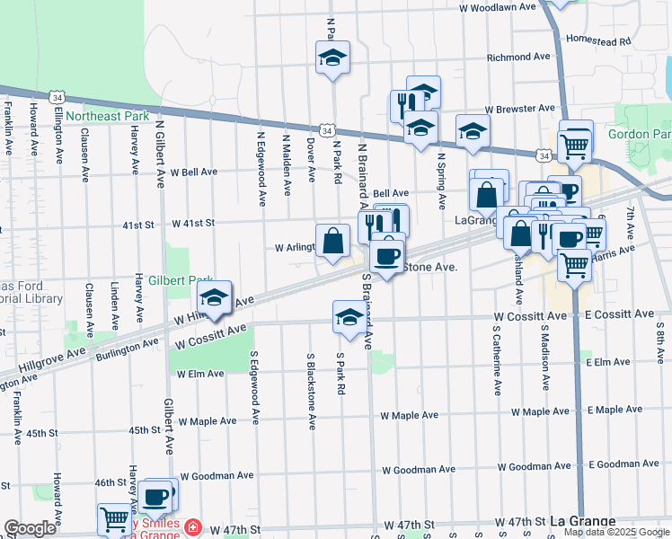 map of restaurants, bars, coffee shops, grocery stores, and more near 817 West Hillgrove Avenue in La Grange
