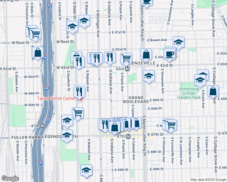map of restaurants, bars, coffee shops, grocery stores, and more near 4423 South Indiana Avenue in Chicago