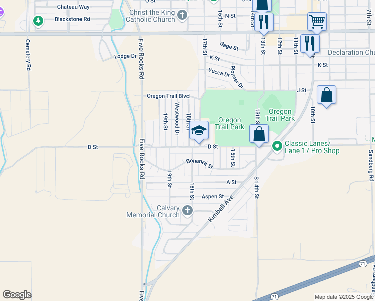 map of restaurants, bars, coffee shops, grocery stores, and more near 1825 D St in Gering