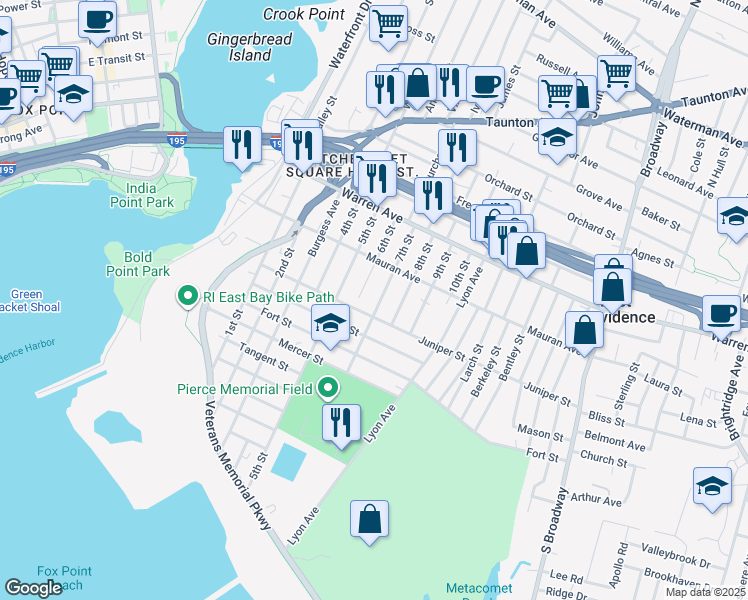 map of restaurants, bars, coffee shops, grocery stores, and more near 71 7th Street in East Providence