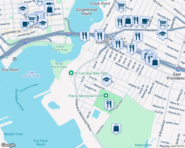 map of restaurants, bars, coffee shops, grocery stores, and more near 111 2nd Street in East Providence