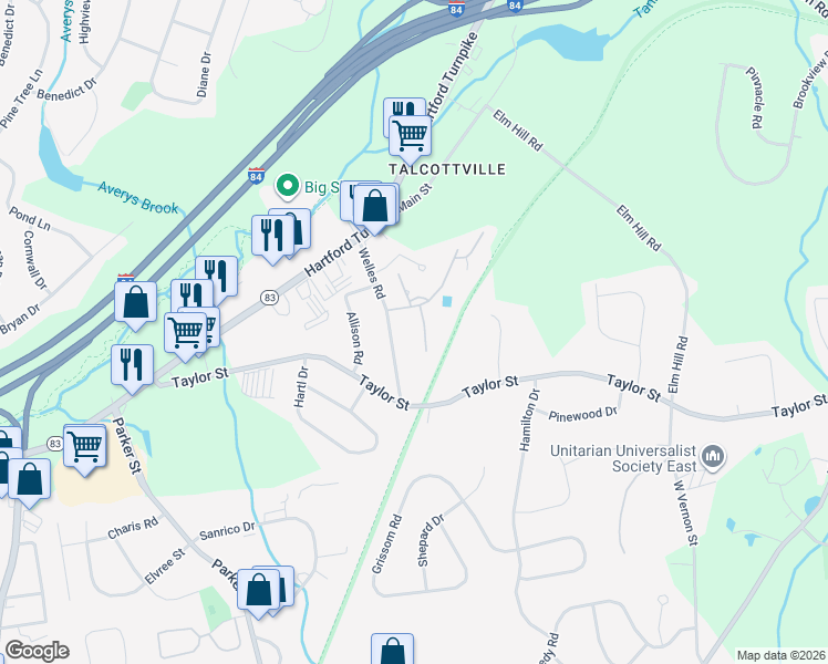 map of restaurants, bars, coffee shops, grocery stores, and more near 54 Welles Road in Vernon