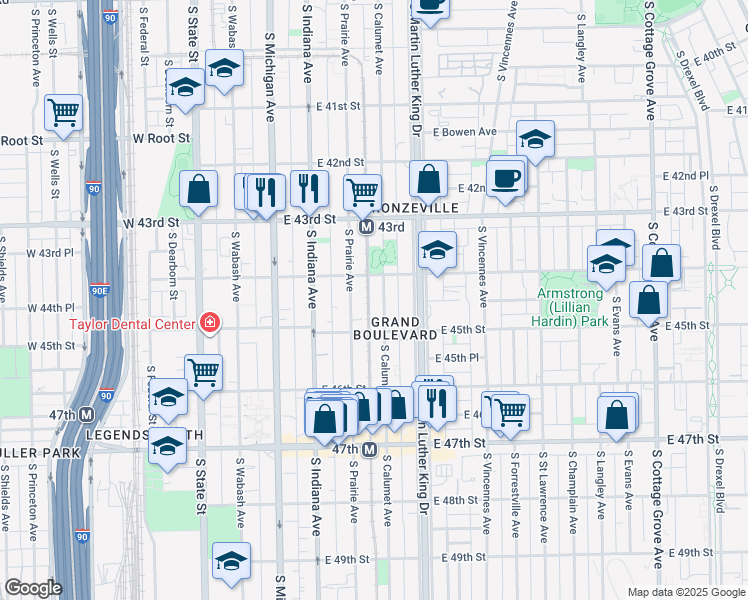 map of restaurants, bars, coffee shops, grocery stores, and more near 4427 South Calumet Avenue in Chicago
