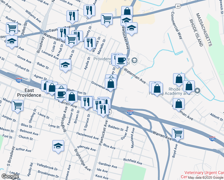 map of restaurants, bars, coffee shops, grocery stores, and more near 2265 U.S. 1A in East Providence