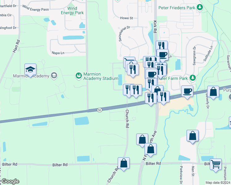 map of restaurants, bars, coffee shops, grocery stores, and more near 2850 Church Road in Aurora