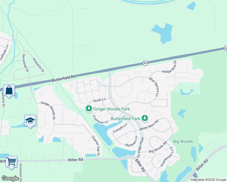 map of restaurants, bars, coffee shops, grocery stores, and more near 2856 Evergreen Lane in Aurora