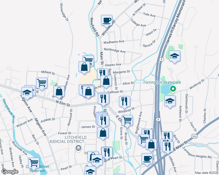 map of restaurants, bars, coffee shops, grocery stores, and more near 23 Benham Street in Torrington