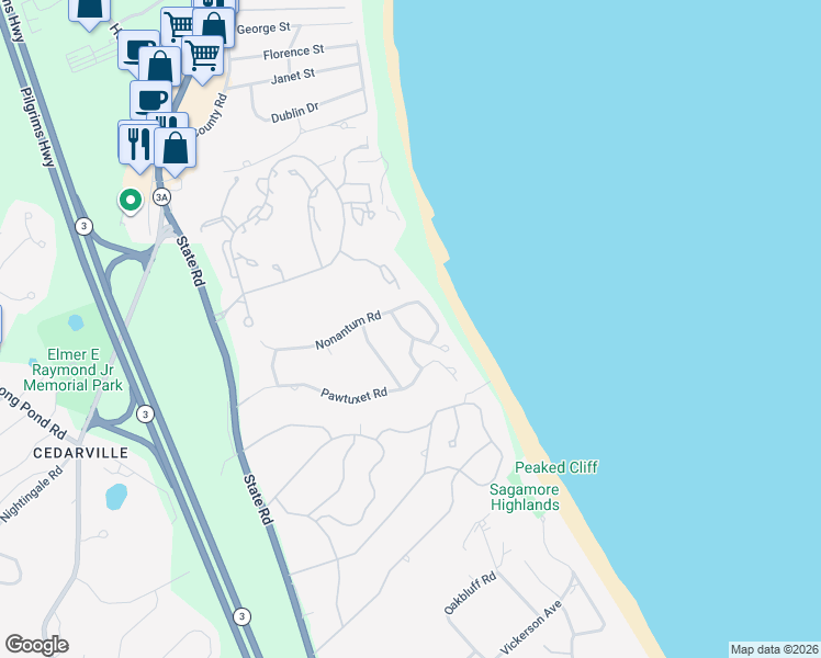 map of restaurants, bars, coffee shops, grocery stores, and more near 46 Menotomy Road in Plymouth