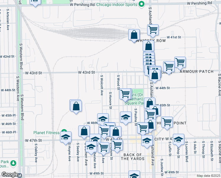 map of restaurants, bars, coffee shops, grocery stores, and more near S Honore St & W 44th St in Chicago