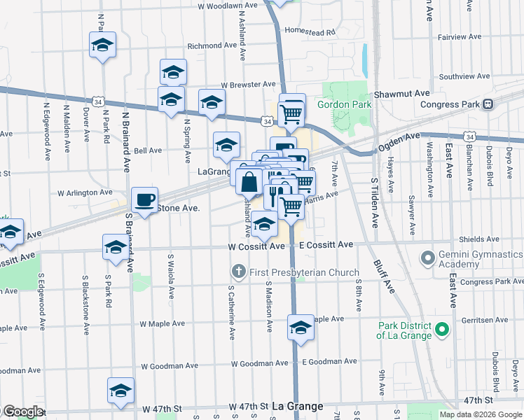 map of restaurants, bars, coffee shops, grocery stores, and more near 105 West Harris Avenue in La Grange