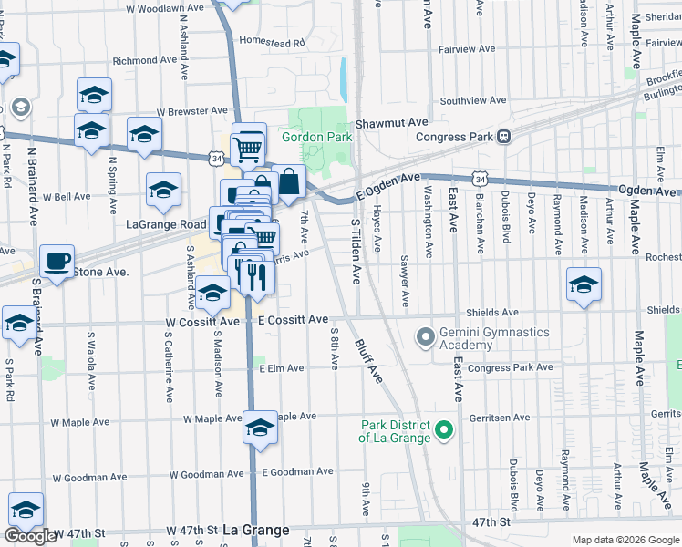 map of restaurants, bars, coffee shops, grocery stores, and more near 59 Bluff Avenue in La Grange