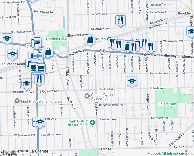 map of restaurants, bars, coffee shops, grocery stores, and more near 4203 East Avenue in Brookfield