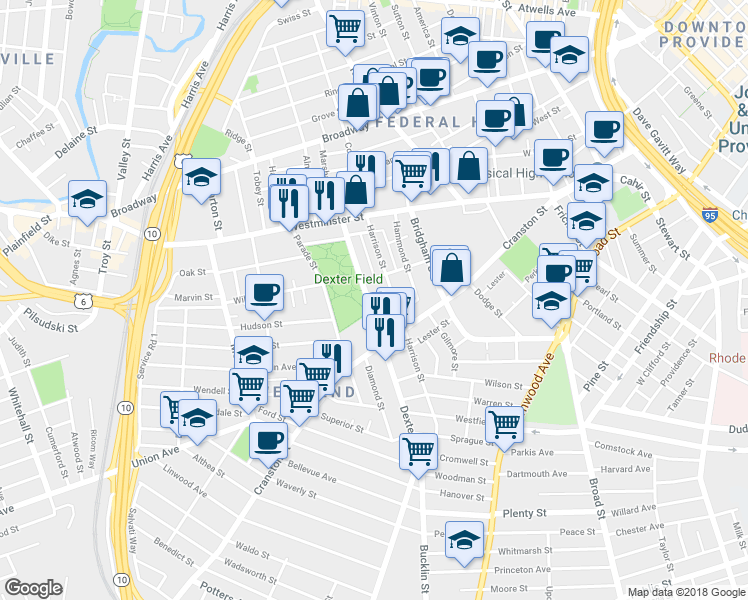 map of restaurants, bars, coffee shops, grocery stores, and more near 96 Dexter Street in Providence