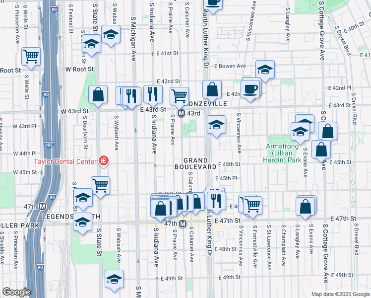 map of restaurants, bars, coffee shops, grocery stores, and more near 4427 South Calumet Avenue in Chicago