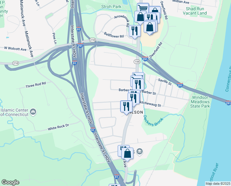 map of restaurants, bars, coffee shops, grocery stores, and more near 59 Barber St in Windsor
