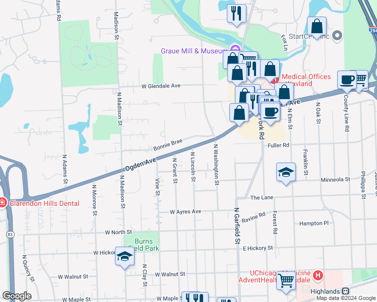 map of restaurants, bars, coffee shops, grocery stores, and more near 636 North Lincoln Street in Hinsdale