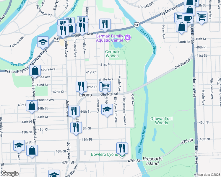 map of restaurants, bars, coffee shops, grocery stores, and more near 4236 Elm Ave in Lyons