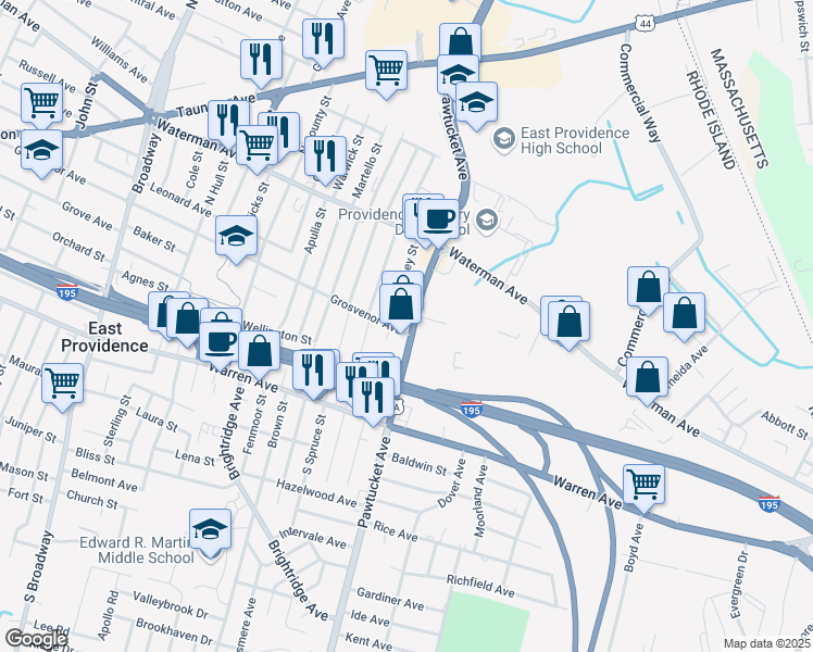 map of restaurants, bars, coffee shops, grocery stores, and more near 2265 U.S. 1A in East Providence