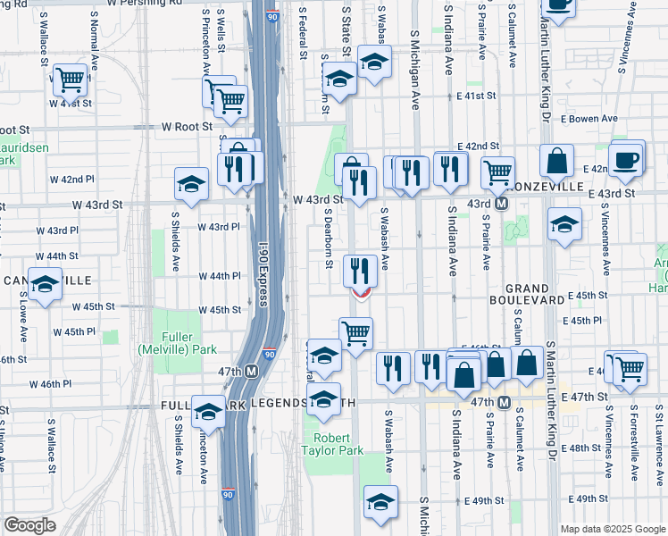 map of restaurants, bars, coffee shops, grocery stores, and more near 4419 South Dearborn Street in Chicago
