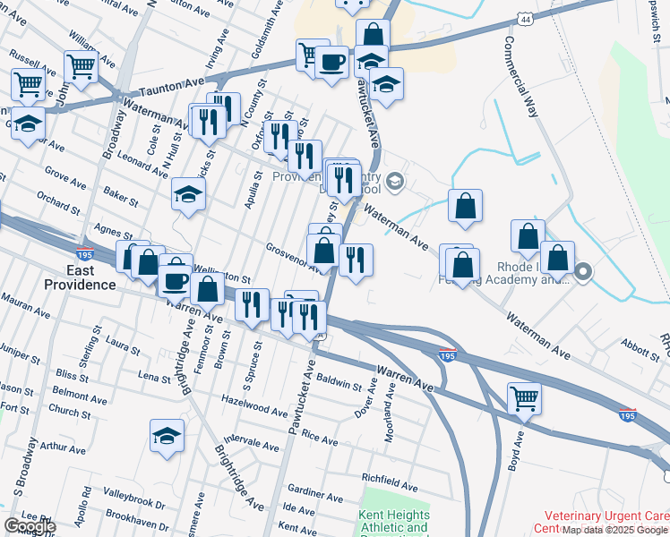 map of restaurants, bars, coffee shops, grocery stores, and more near 2269 Pawtucket Avenue in East Providence