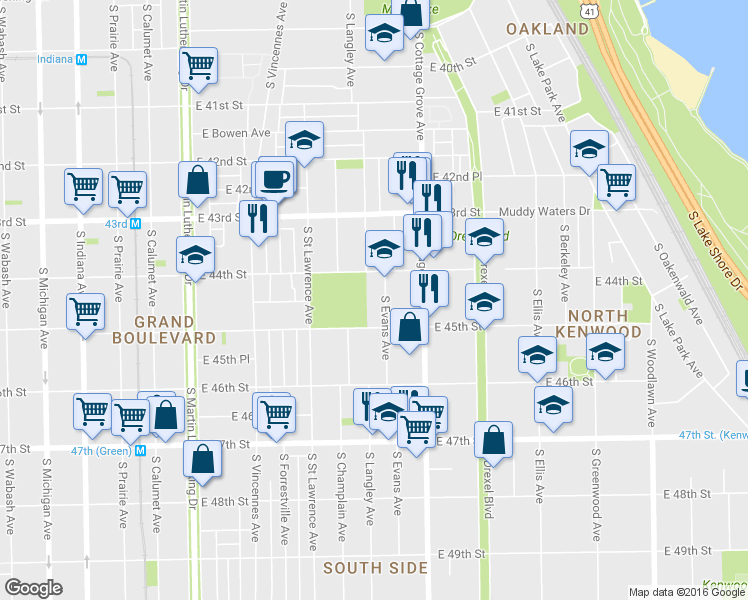map of restaurants, bars, coffee shops, grocery stores, and more near 6743 South Evans Avenue in Chicago