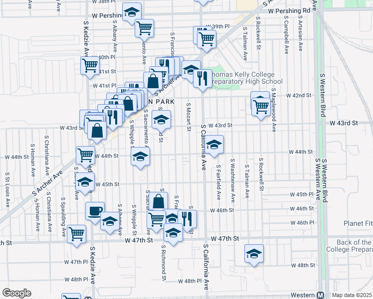 map of restaurants, bars, coffee shops, grocery stores, and more near 4350 South Mozart Street in Chicago