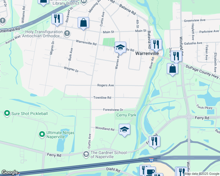 map of restaurants, bars, coffee shops, grocery stores, and more near 28W515 Rogers Avenue in Warrenville