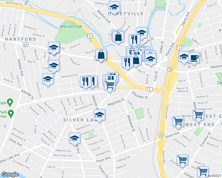 map of restaurants, bars, coffee shops, grocery stores, and more near 283 Plainfield Street in Providence