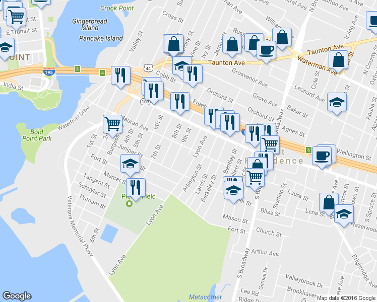 map of restaurants, bars, coffee shops, grocery stores, and more near 247 Mauran Avenue in East Providence