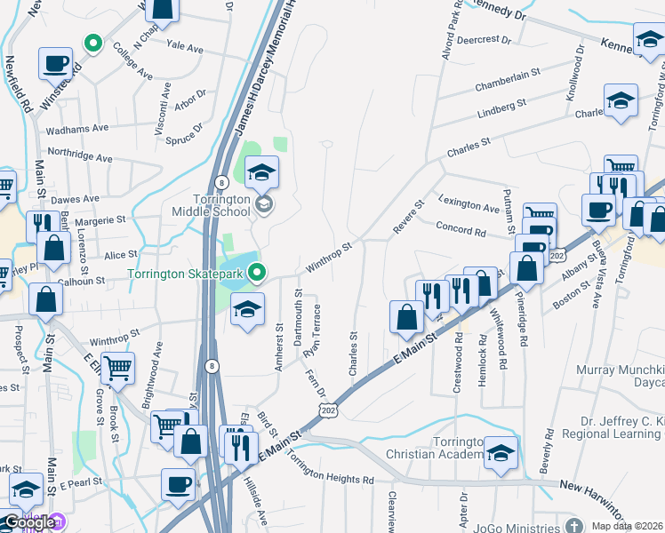 map of restaurants, bars, coffee shops, grocery stores, and more near Sherman Street in Torrington