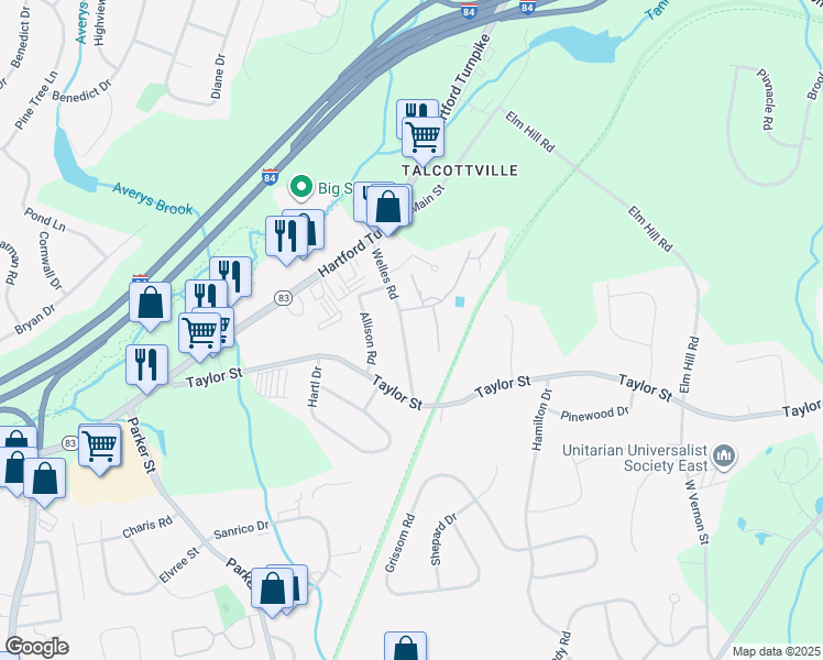 map of restaurants, bars, coffee shops, grocery stores, and more near 54 Welles Road in Vernon