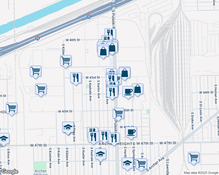 map of restaurants, bars, coffee shops, grocery stores, and more near 4339 South Komensky Avenue in Chicago