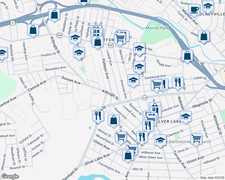 map of restaurants, bars, coffee shops, grocery stores, and more near 45 Petteys Avenue in Providence