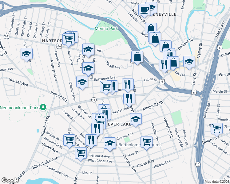 map of restaurants, bars, coffee shops, grocery stores, and more near 20 Dewey Street in Providence
