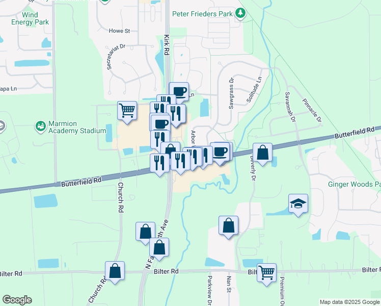 map of restaurants, bars, coffee shops, grocery stores, and more near 2910 Arbor Lane in Aurora