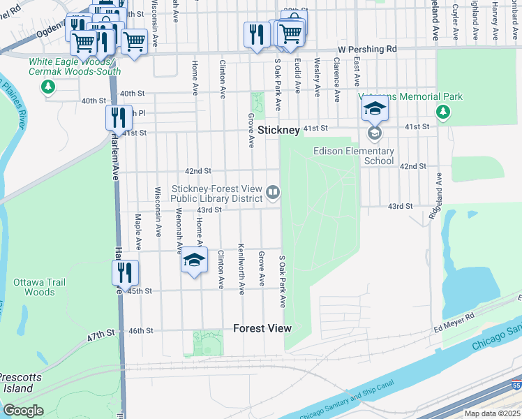 map of restaurants, bars, coffee shops, grocery stores, and more near 4300 Grove Avenue in Stickney