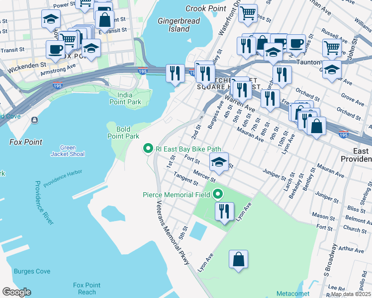 map of restaurants, bars, coffee shops, grocery stores, and more near 111 2nd Street in East Providence