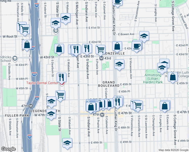 map of restaurants, bars, coffee shops, grocery stores, and more near 4421 South Prairie Avenue in Chicago