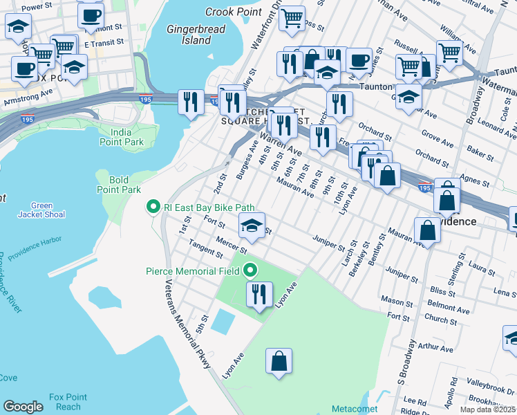 map of restaurants, bars, coffee shops, grocery stores, and more near 178 Juniper Street in East Providence