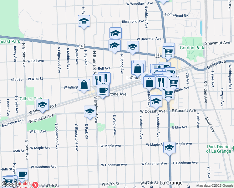 map of restaurants, bars, coffee shops, grocery stores, and more near 504 West Burlington Avenue in La Grange