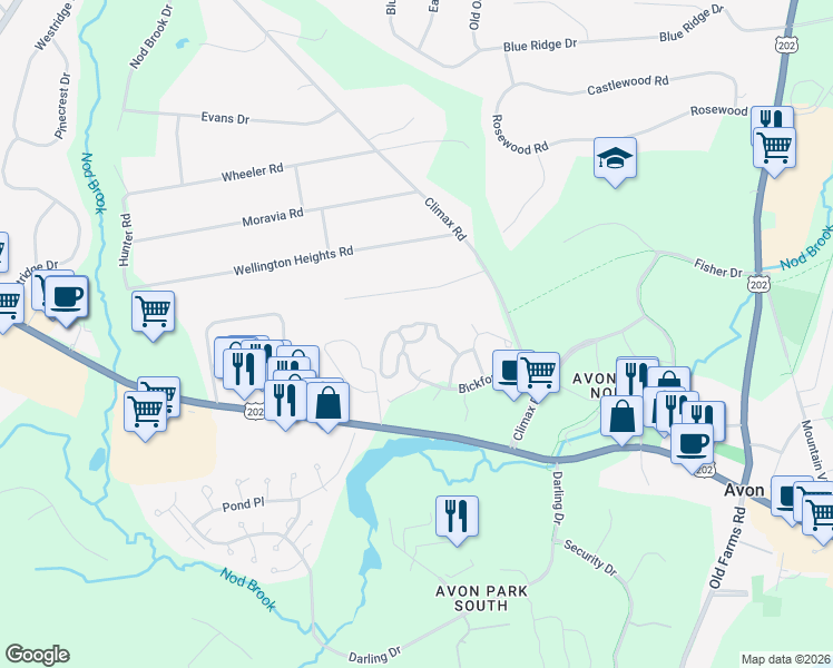 map of restaurants, bars, coffee shops, grocery stores, and more near 1 Whispering Pines Road in Avon