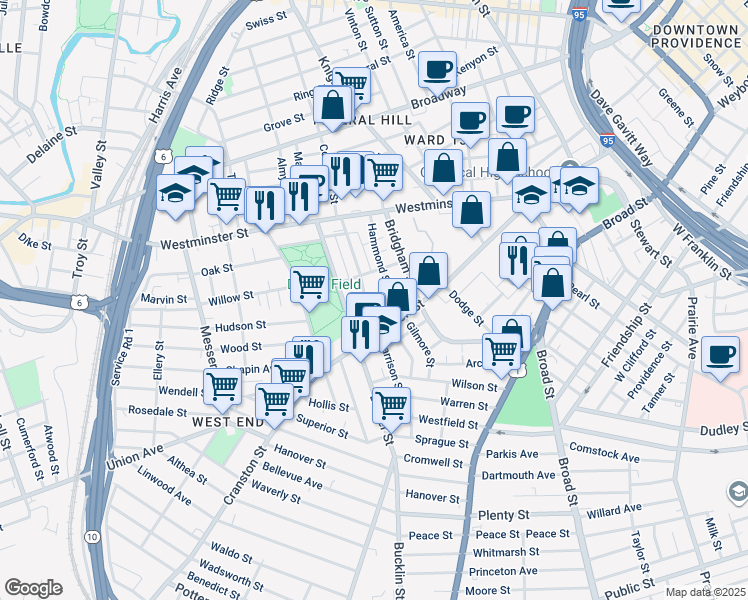 map of restaurants, bars, coffee shops, grocery stores, and more near 63 Hammond Street in Providence