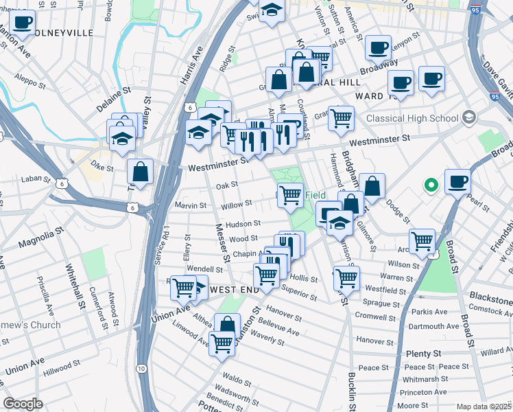 map of restaurants, bars, coffee shops, grocery stores, and more near 64 Sycamore Street in Providence