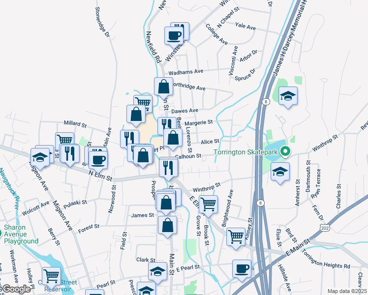 map of restaurants, bars, coffee shops, grocery stores, and more near 23 Benham Street in Torrington