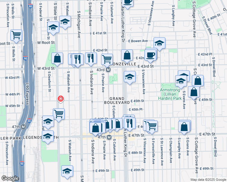 map of restaurants, bars, coffee shops, grocery stores, and more near 4427 South Calumet Avenue in Chicago
