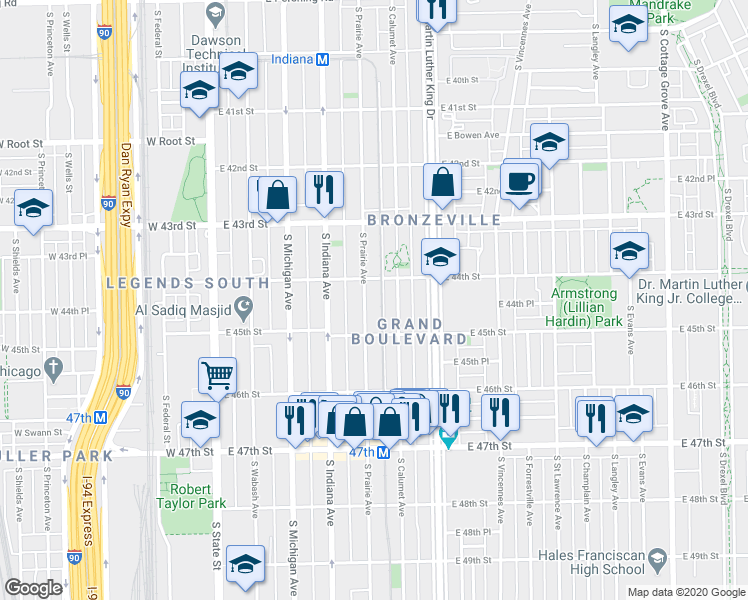 map of restaurants, bars, coffee shops, grocery stores, and more near 4421 South Prairie Avenue in Chicago