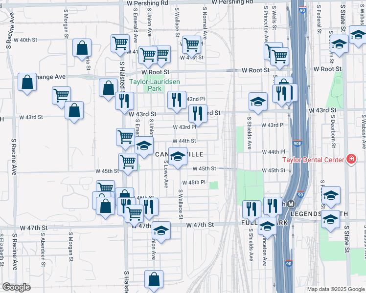 map of restaurants, bars, coffee shops, grocery stores, and more near 4411 South Wallace Street in Chicago