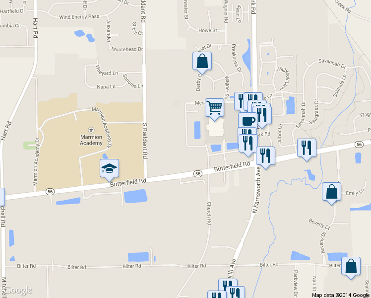 map of restaurants, bars, coffee shops, grocery stores, and more near 2850 Church Road in Aurora