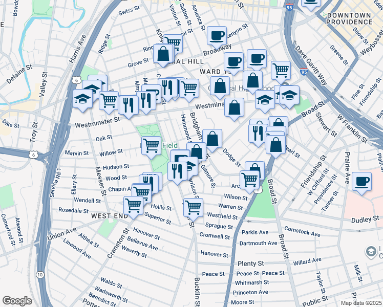 map of restaurants, bars, coffee shops, grocery stores, and more near 63 Hammond Street in Providence